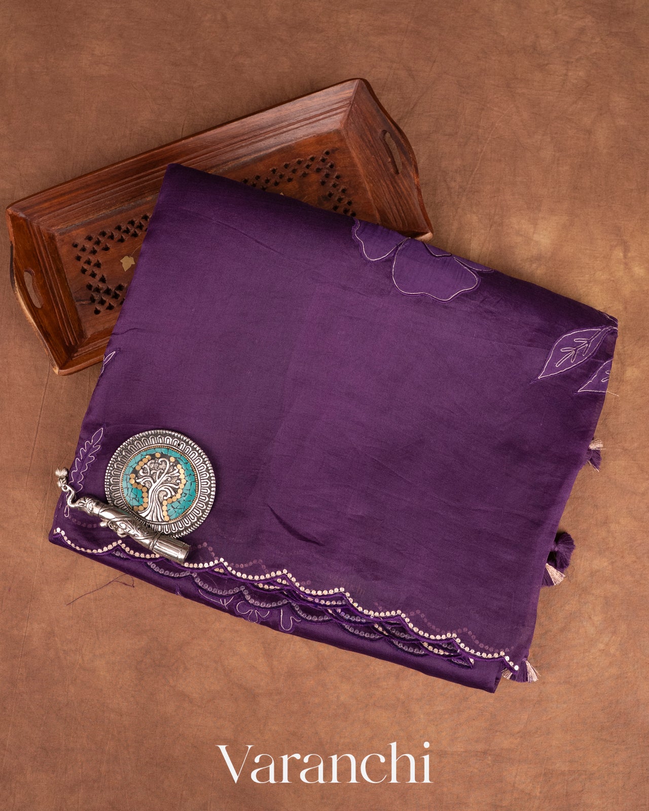 Jamun Purple Floral Applique Pure Kora Silk Saree