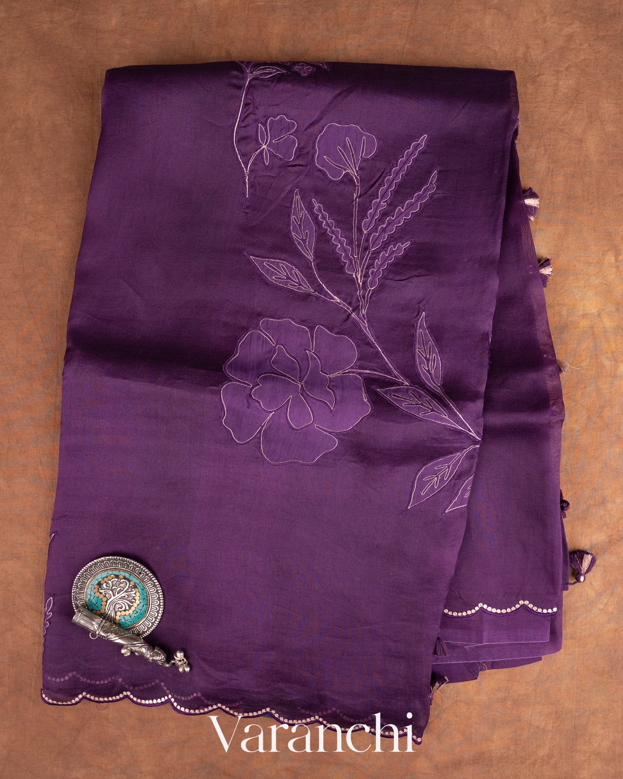 Jamun Purple Floral Applique Pure Kora Silk Saree