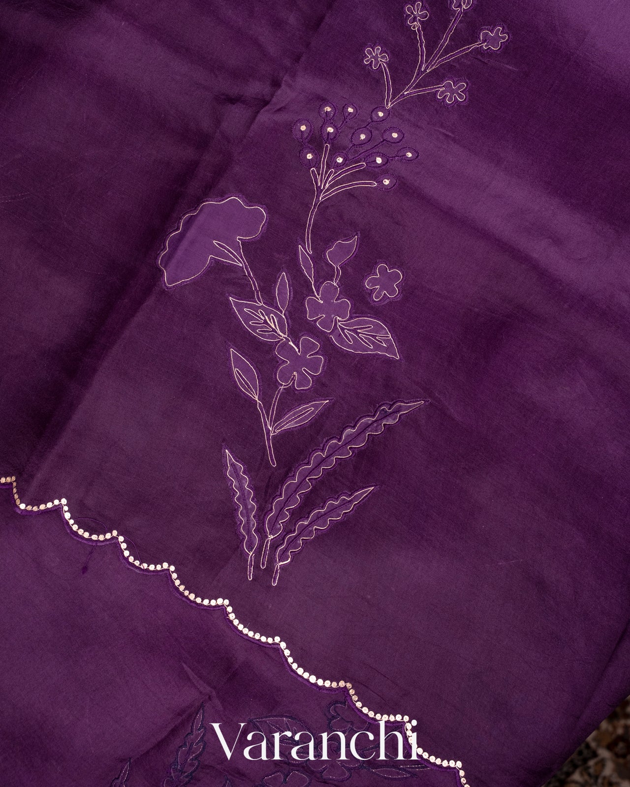 Jamun Purple Floral Applique Pure Kora Silk Saree