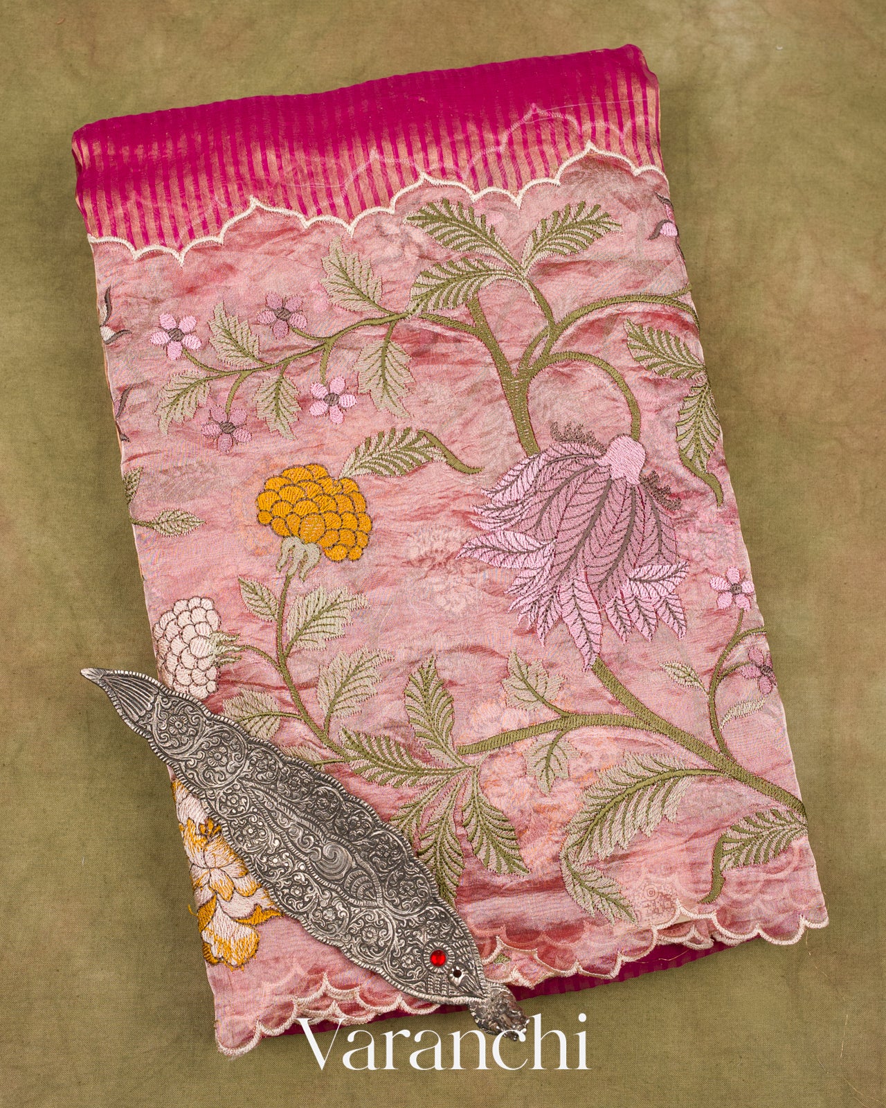 Rani Pink Tissue Striped and Embroidered Border Pure Kora Silk Saree