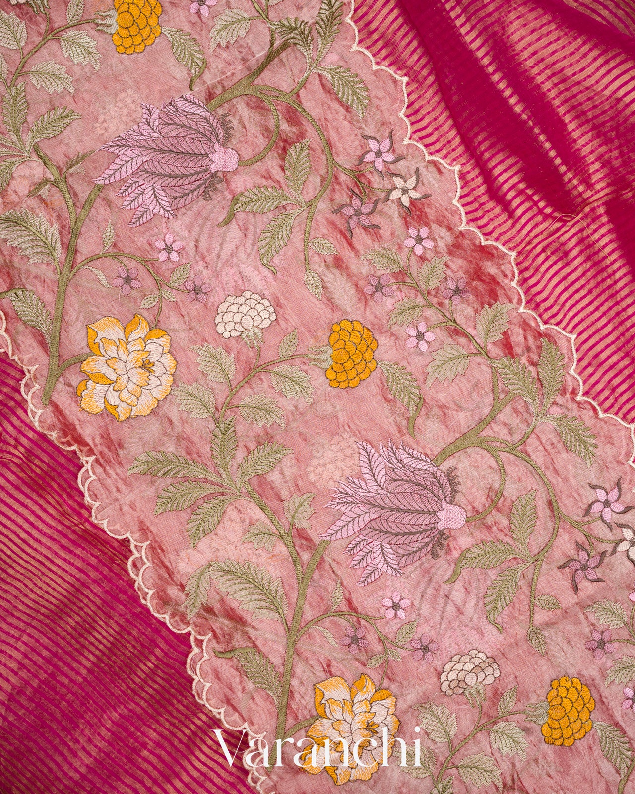Rani Pink Tissue Striped and Embroidered Border Pure Kora Silk Saree