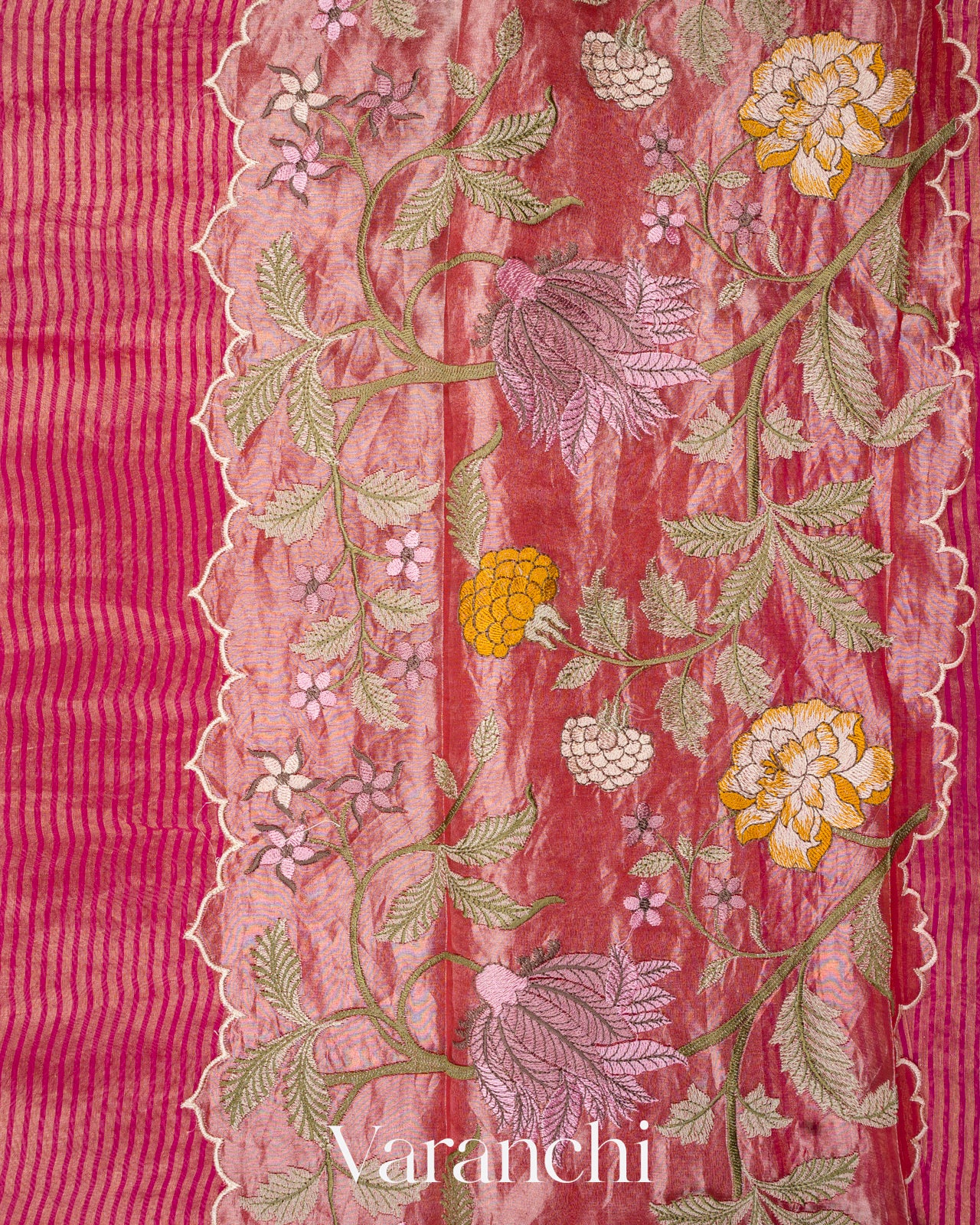 Rani Pink Tissue Striped and Embroidered Border Pure Kora Silk Saree