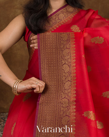 Deep Red Pure Kora Silk Handloom Saree