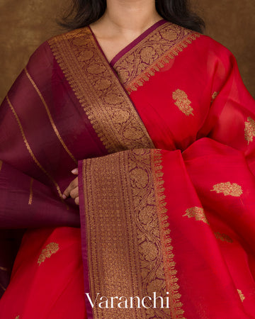 Deep Red Pure Kora Silk Handloom Saree