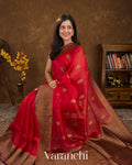 Deep Red Pure Kora Silk Handloom Saree