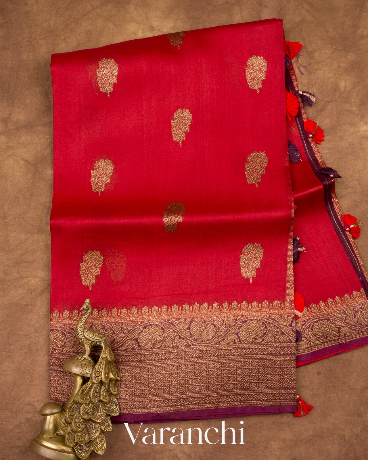 Deep Red Pure Kora Silk Handloom Saree