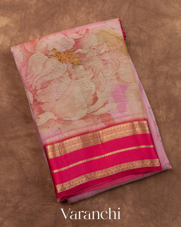 Rose Pink Floral Printed Pure Kora Silk Saree