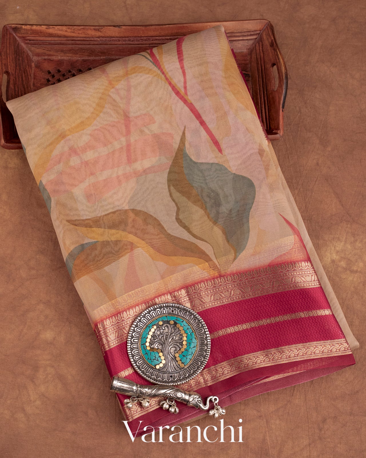 Soft Sand Beige Printed Pure Kora Silk Saree