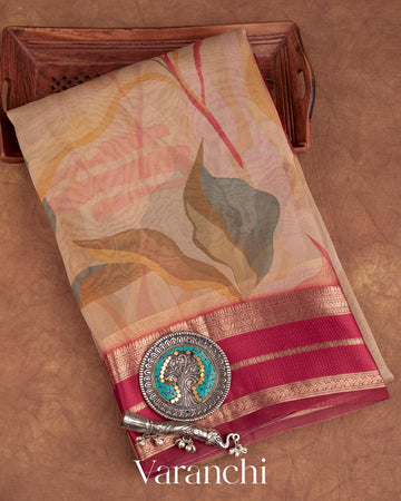 Soft Sand Beige Printed Pure Kora Silk Saree