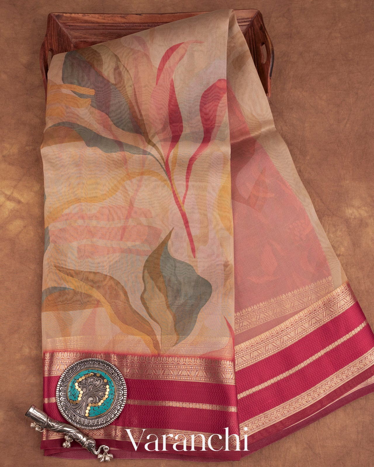 Soft Sand Beige Printed Pure Kora Silk Saree