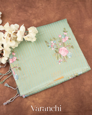 Pastel Mint Floral Applique and Embroidered Pure Kora Silk Saree