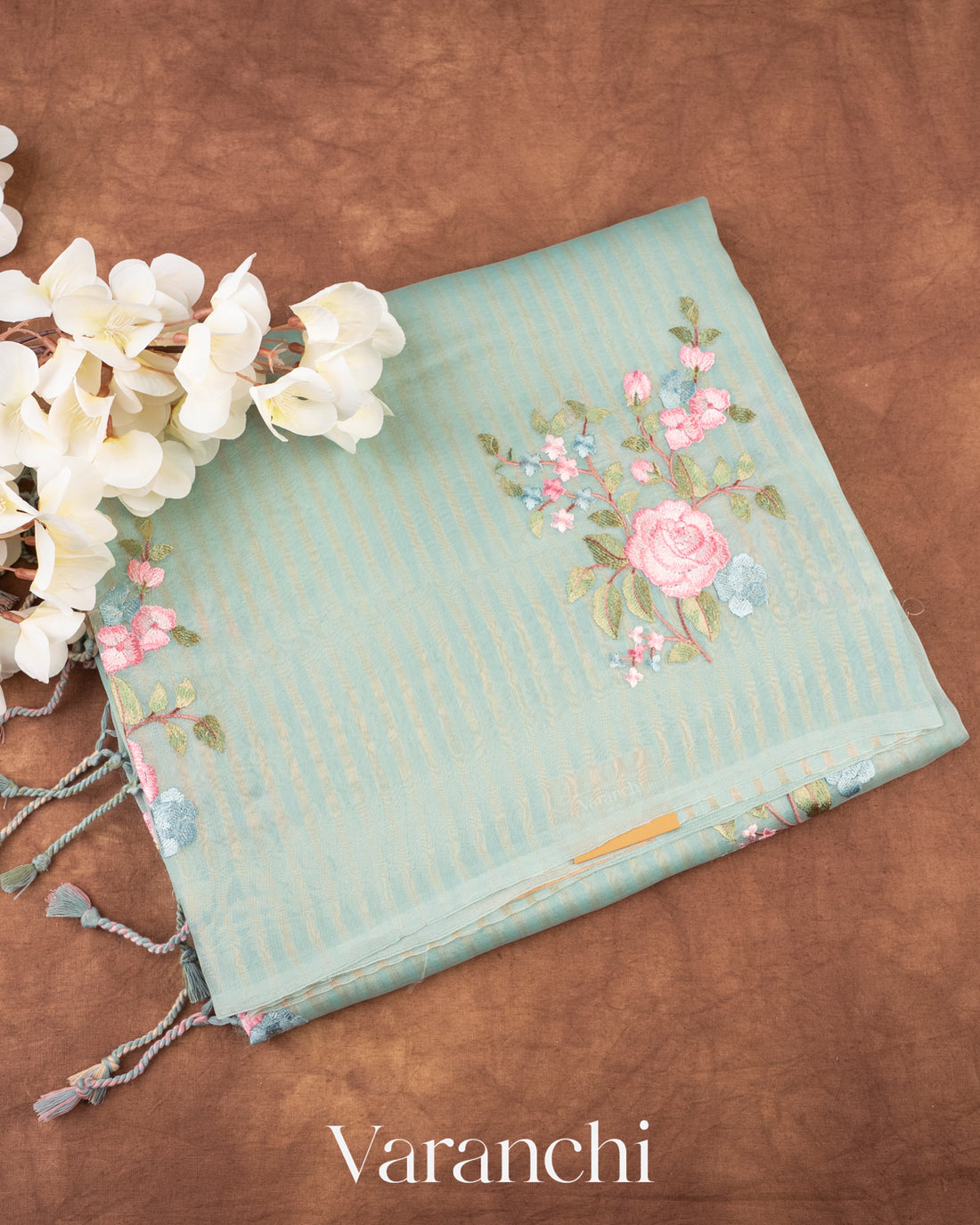 Sky Blue Floral Applique and Embroidered Pure Kora Silk Saree