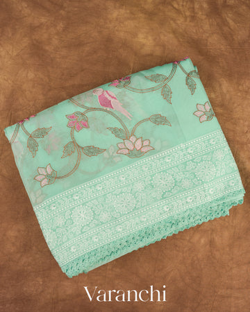 Aqua Blue All-Over Embroidered Pure Kora Silk Saree