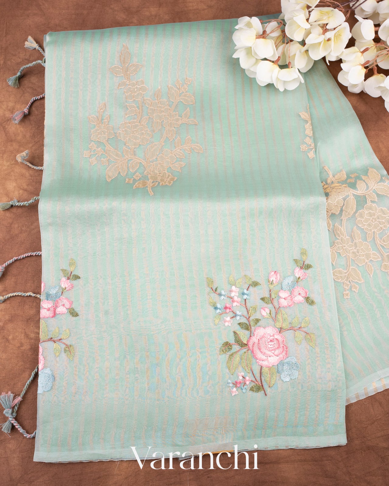 Sky Blue Floral Applique and Embroidered Pure Kora Silk Saree
