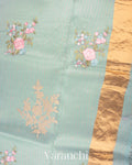 Sky Blue Floral Applique and Embroidered Pure Kora Silk Saree