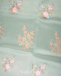 Sky Blue Floral Applique and Embroidered Pure Kora Silk Saree