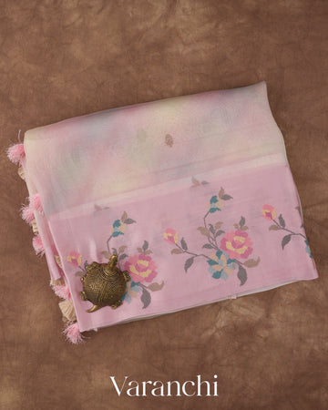 Baby Pink Lehariya Printed Pure Kora Silk Saree