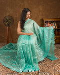 Sea Green Floral Applique Pure Kora Silk Saree