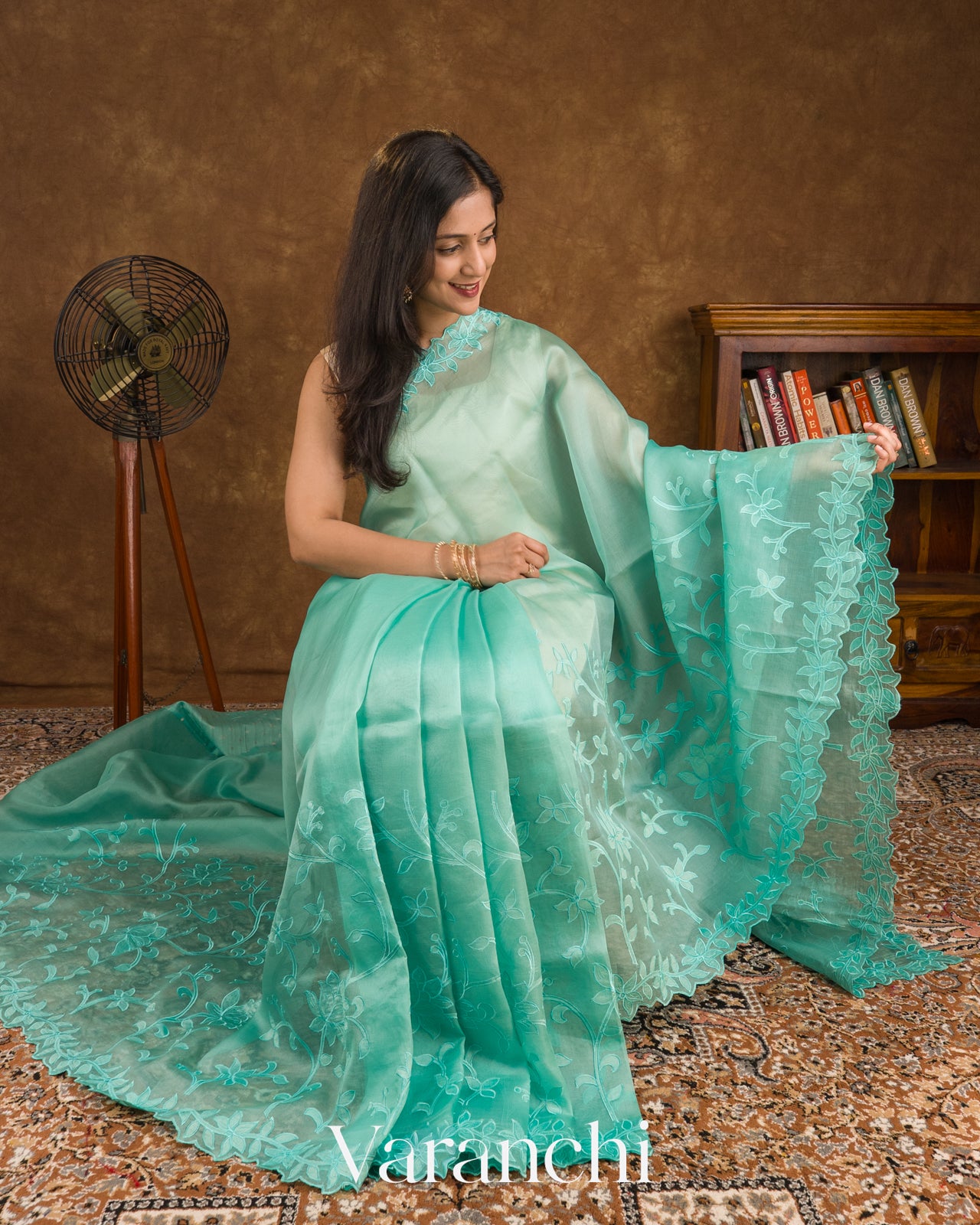 Sea Green Floral Applique Pure Kora Silk Saree