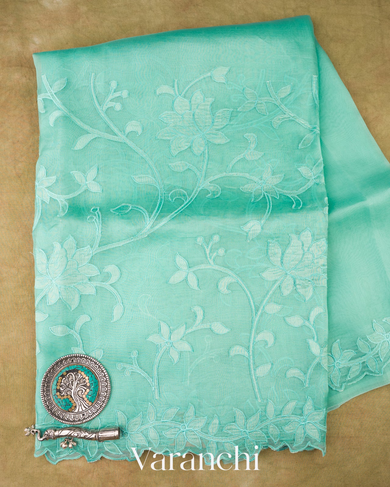 Sea Green Floral Applique Pure Kora Silk Saree