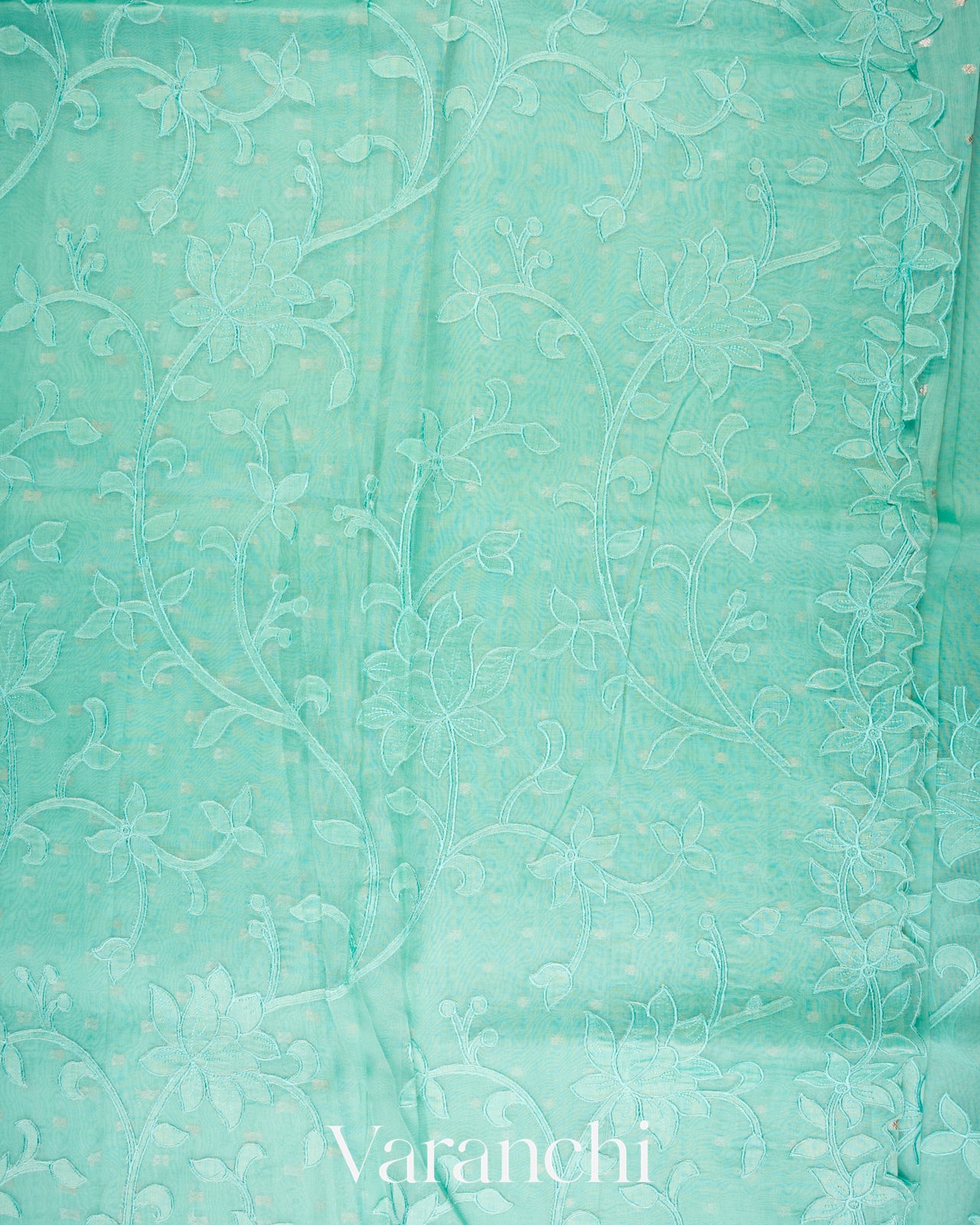 Sea Green Floral Applique Pure Kora Silk Saree