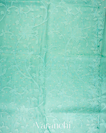 Sea Green Floral Applique Pure Kora Silk Saree
