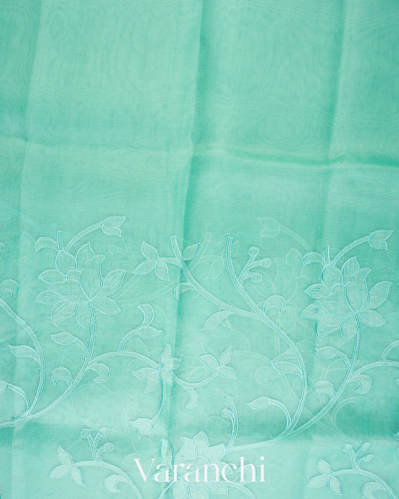 Sea Green Floral Applique Pure Kora Silk Saree