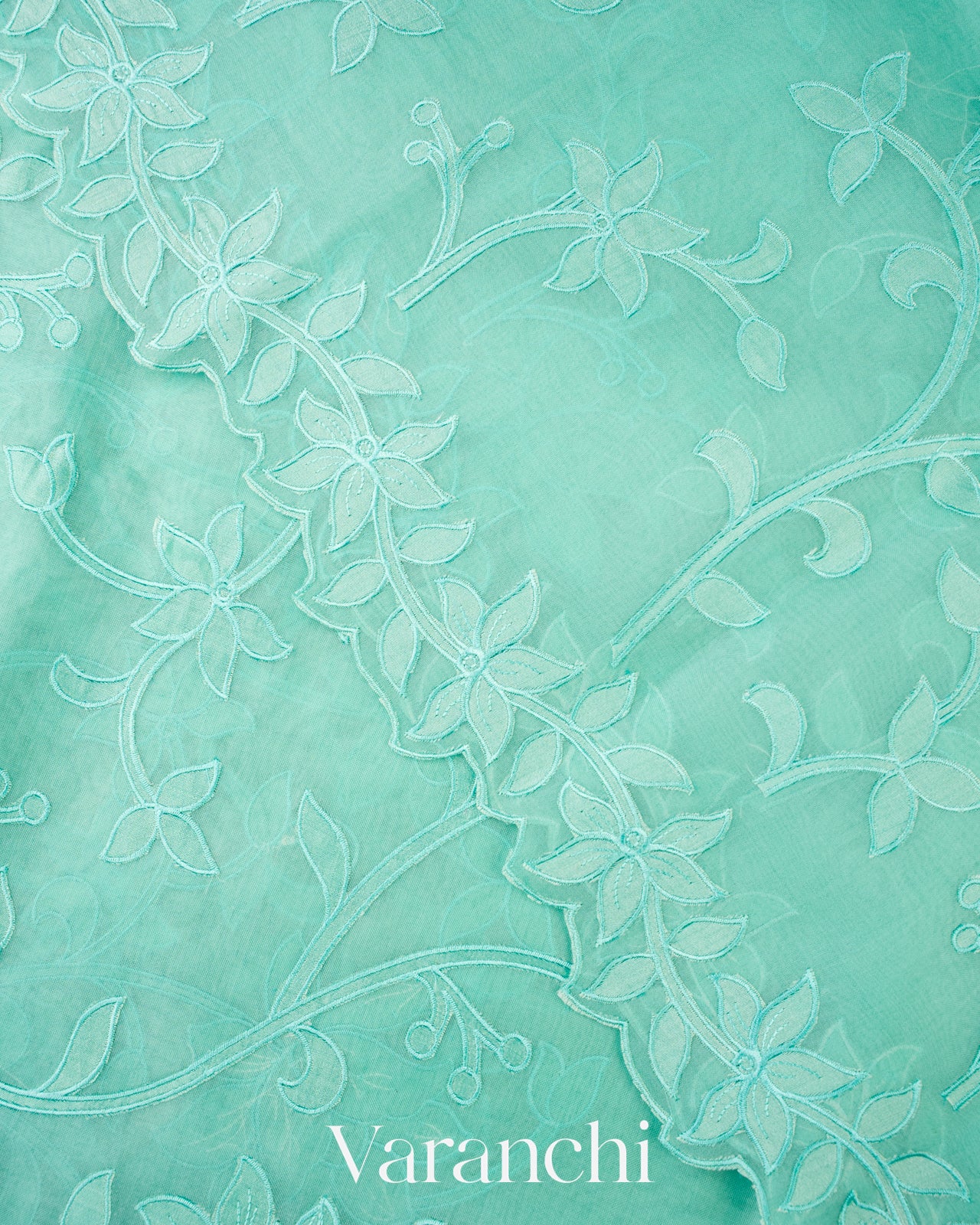 Sea Green Floral Applique Pure Kora Silk Saree