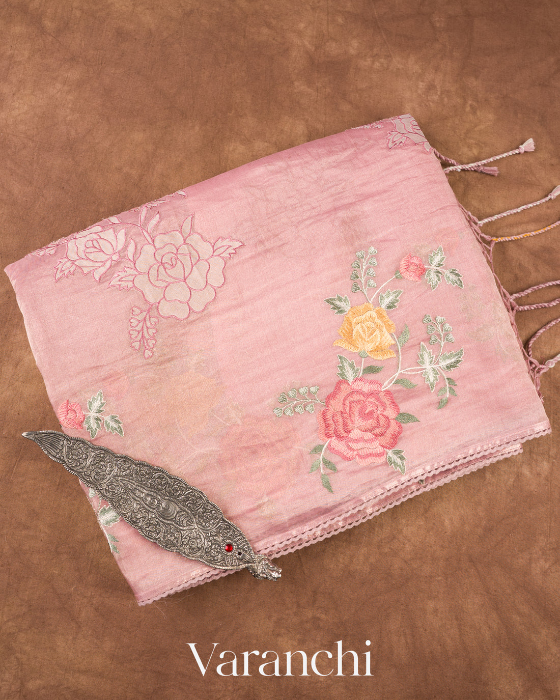 Blush Pink Tissue Applique and Embroidered Pure Kora Silk Saree