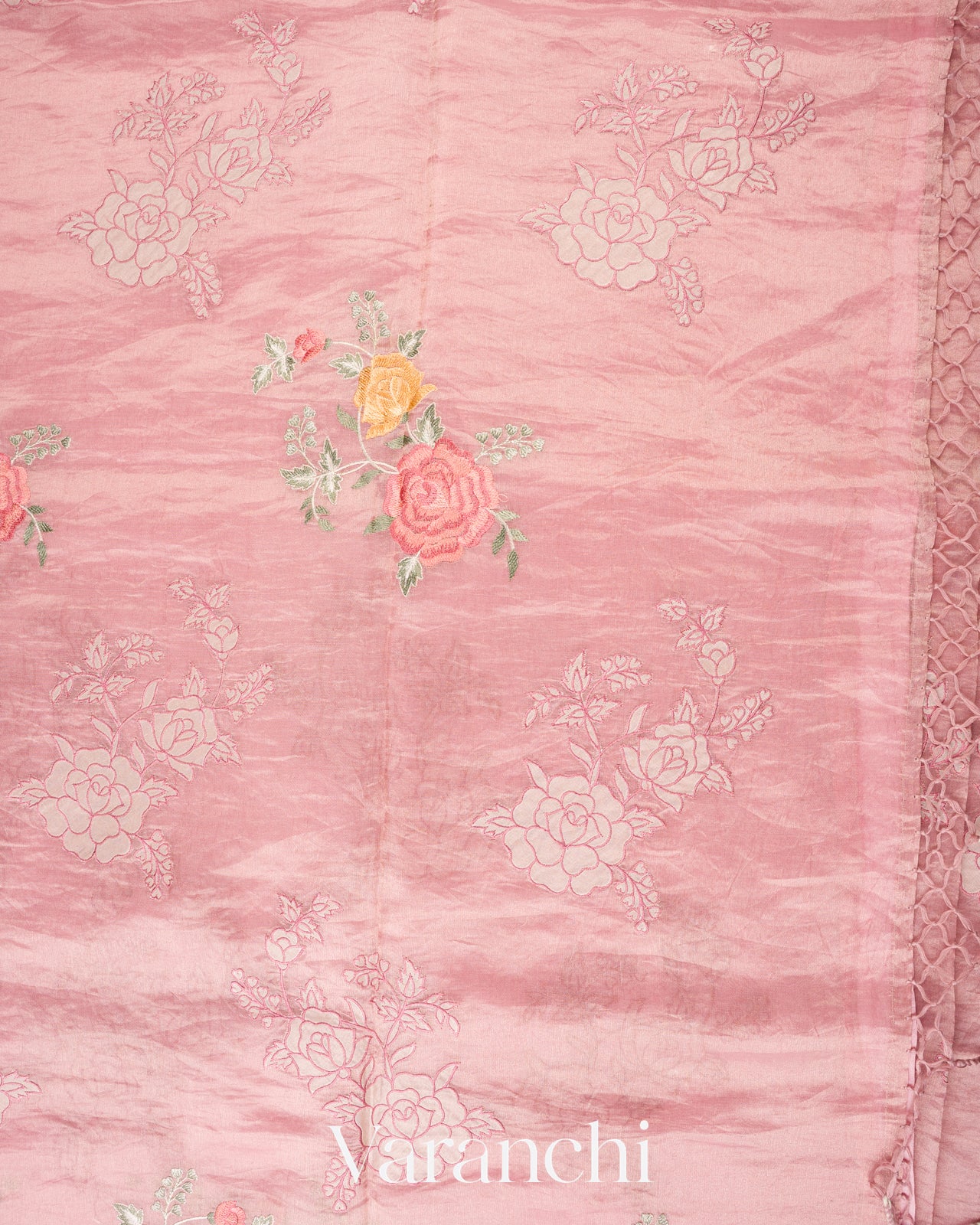 Blush Pink Tissue Applique and Embroidered Pure Kora Silk Saree