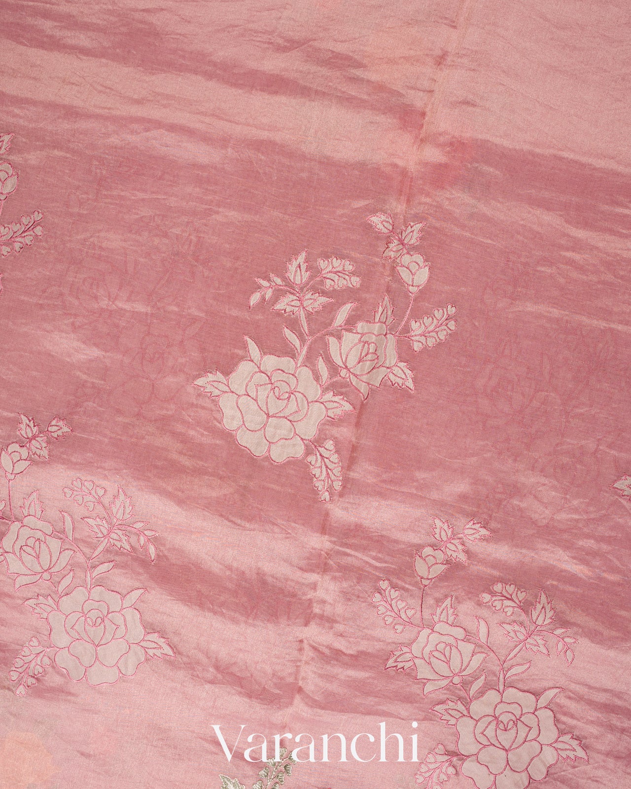 Blush Pink Tissue Applique and Embroidered Pure Kora Silk Saree