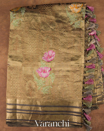 Golden Brown All-Over Embroidered Pure Tissue Kora Silk Saree