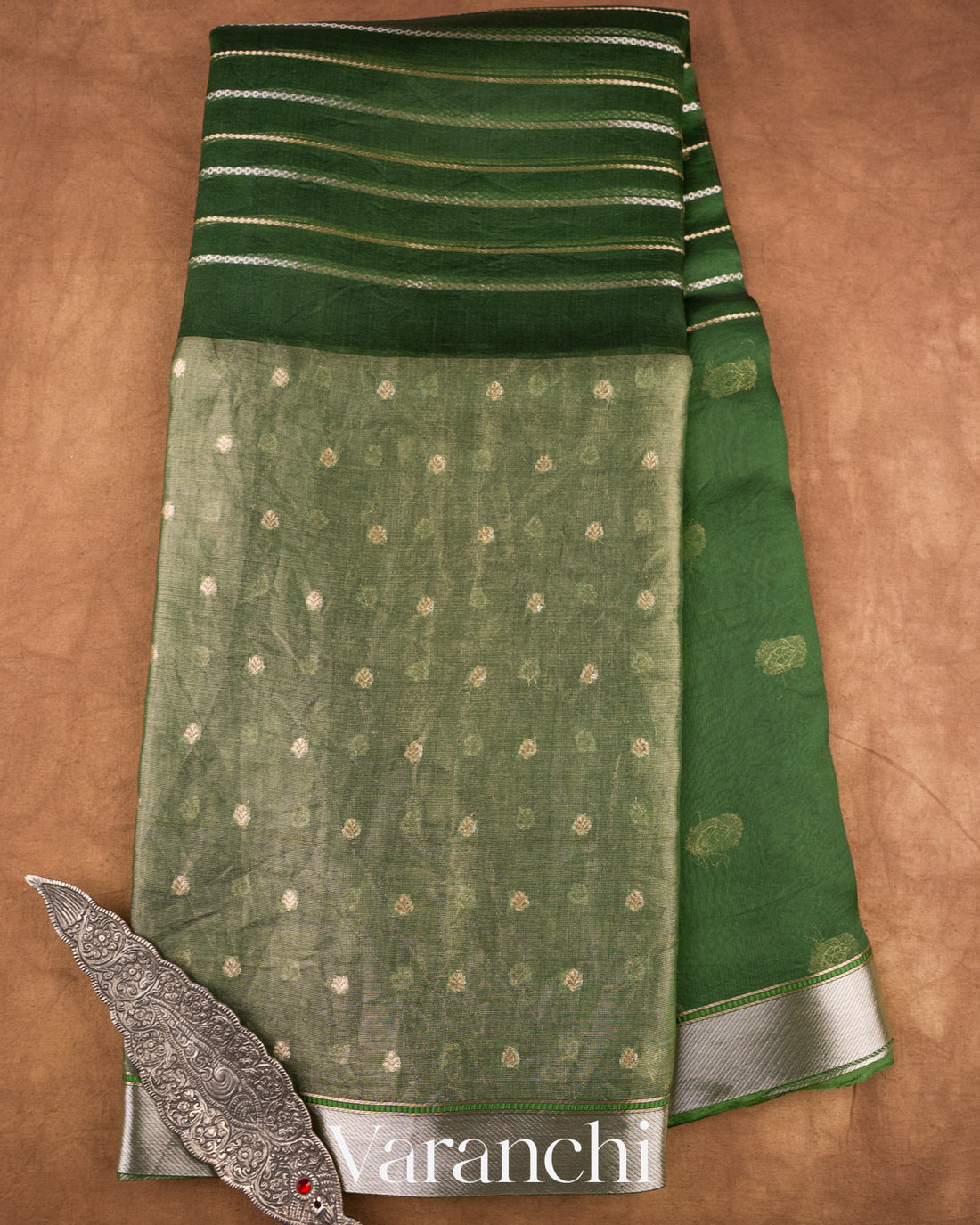 Bottle Green Tissue Pure Kora Silk Saree