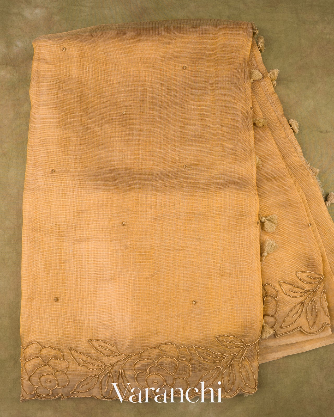 Honey Gold  Floral Embroidered Pure Tissue Kora Silk Saree