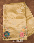 Golden Yellow Tissue Applique and Embroidered Pure Kora Silk Saree 