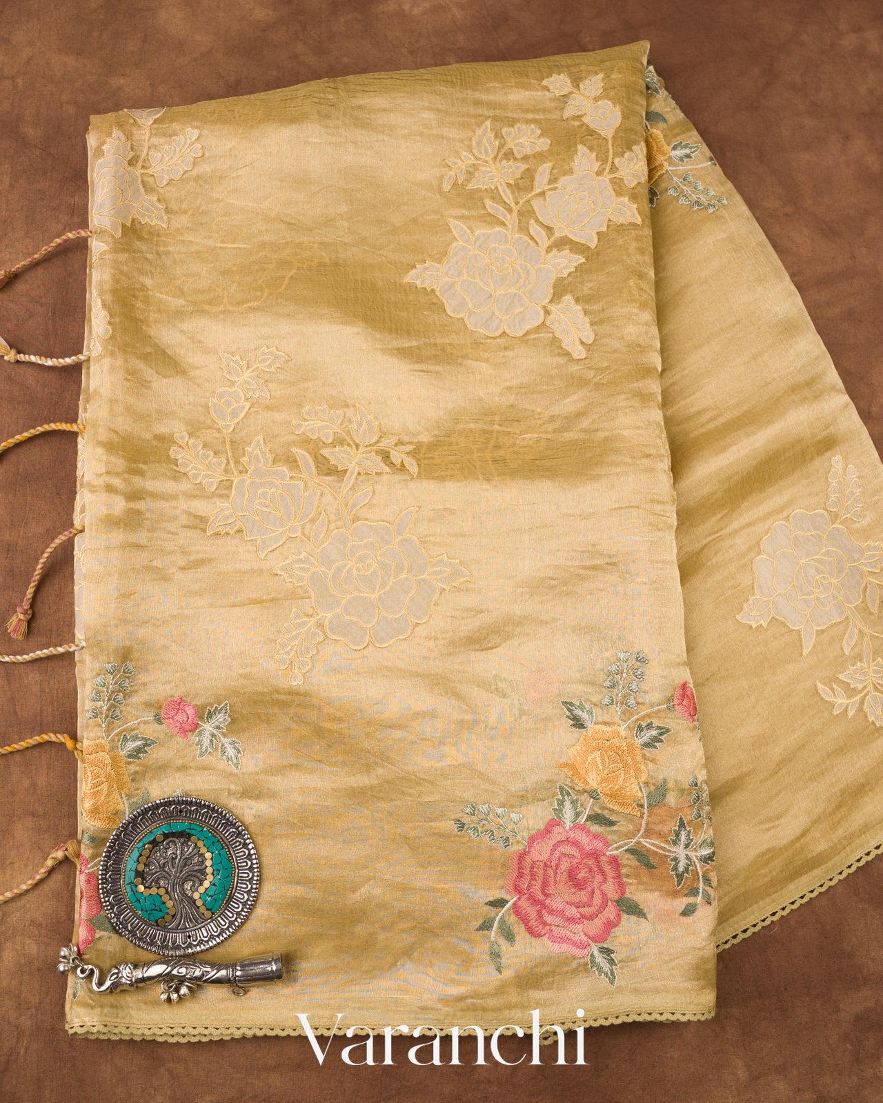 Golden Yellow Tissue Applique and Embroidered Pure Kora Silk Saree 