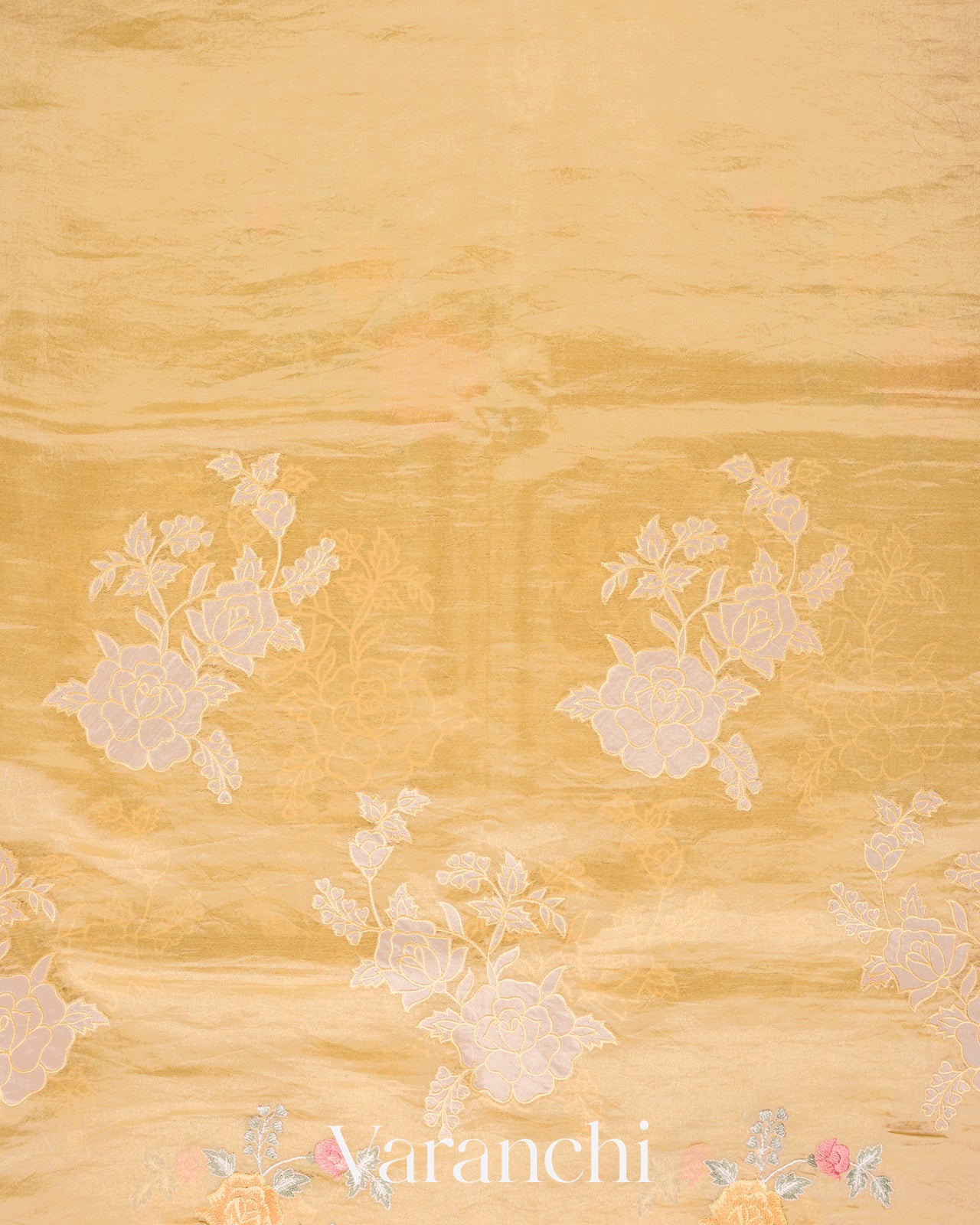 Golden Yellow Tissue Applique and Embroidered Pure Kora Silk Saree 