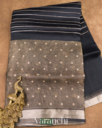 Jet Black Tissue Pure Kora Silk Saree