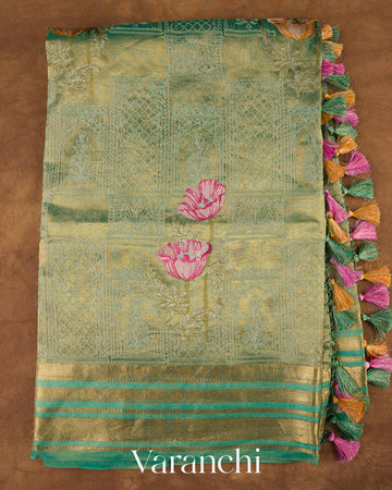 Sea Green All-Over Embroidered Pure Tissue Kora Silk Saree