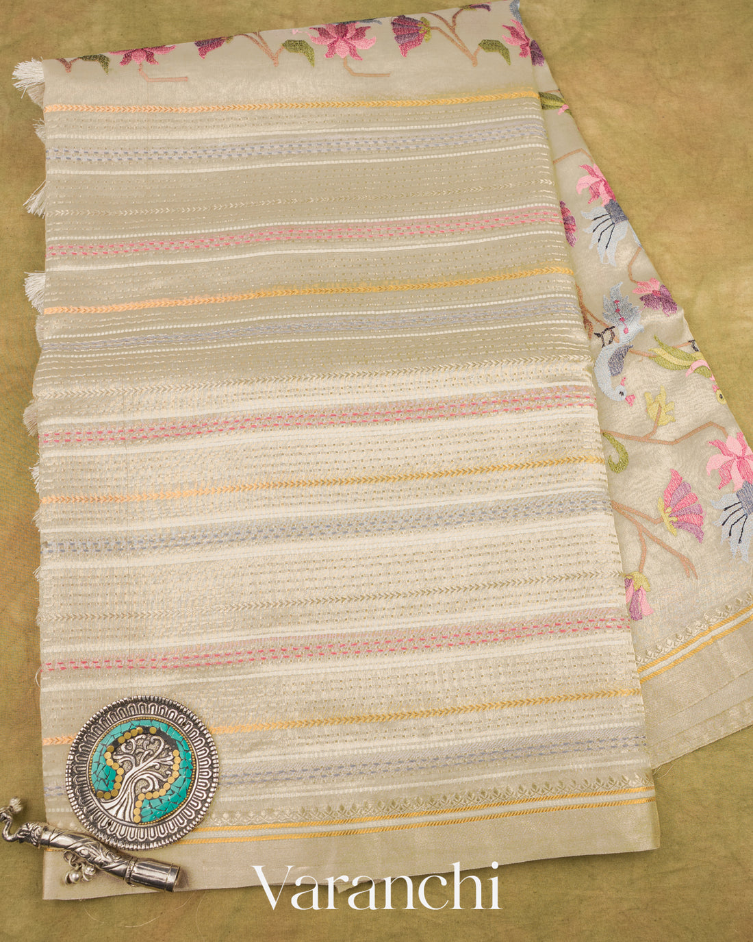 Pearl White Paithani Embroidered Pure Tissue Kora Silk Saree