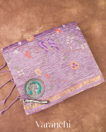 Soft Lavender Embroidered Pure Tissue Kora Silk Saree