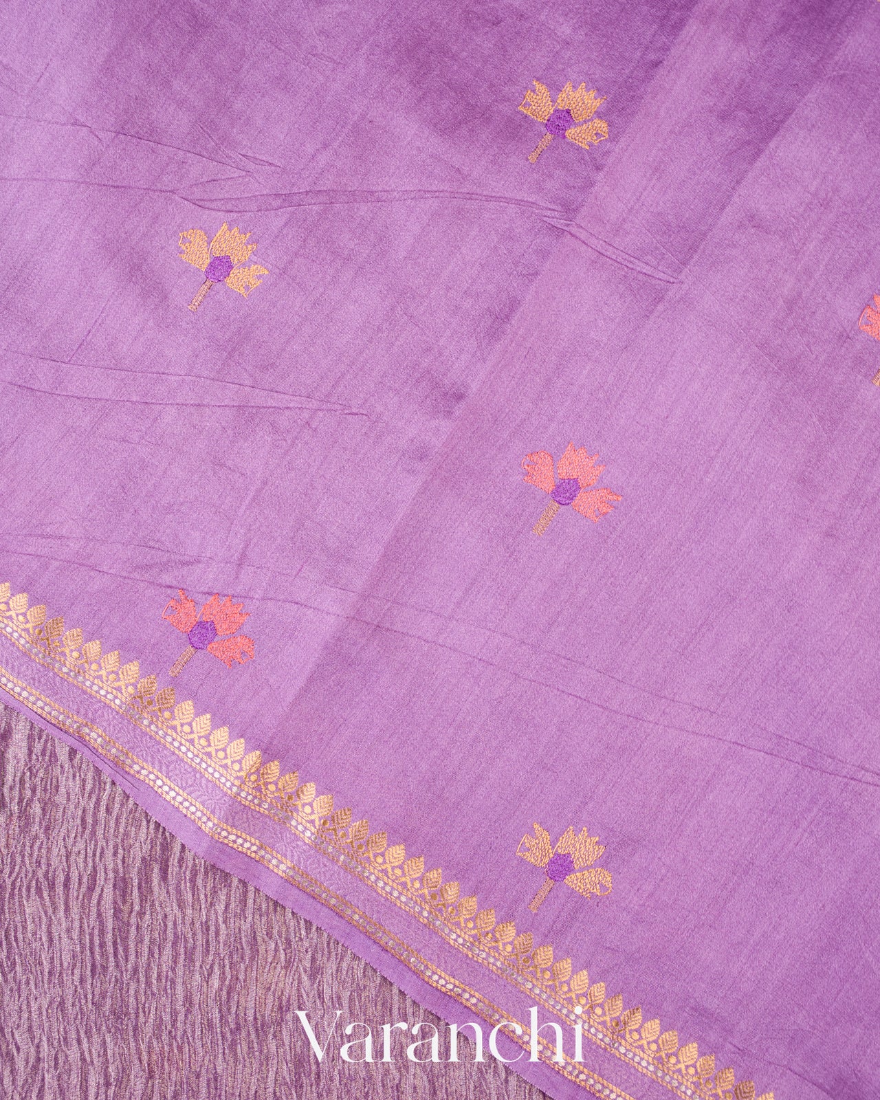 Soft Lavender Embroidered Pure Tissue Kora Silk Saree