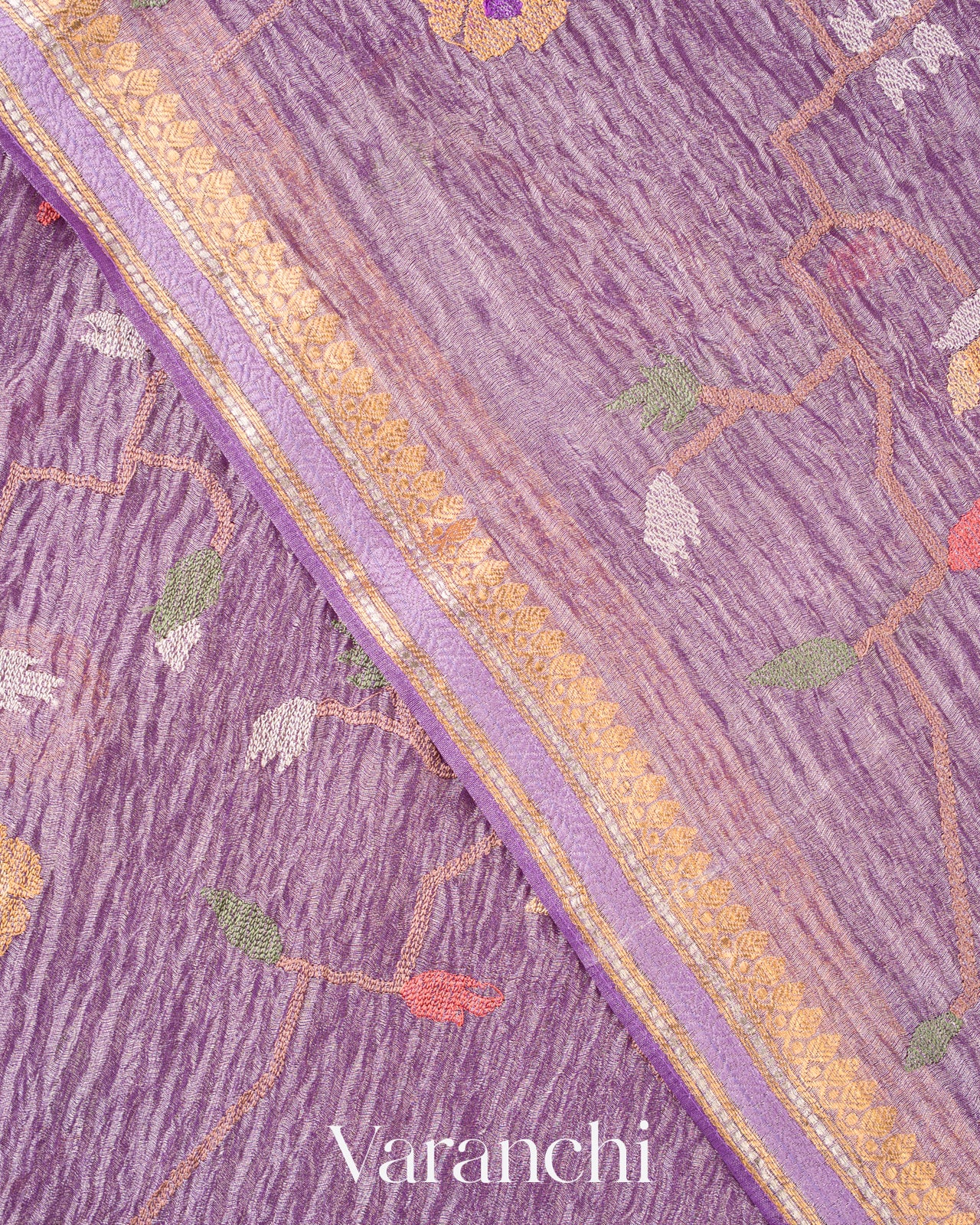 Soft Lavender Embroidered Pure Tissue Kora Silk Saree