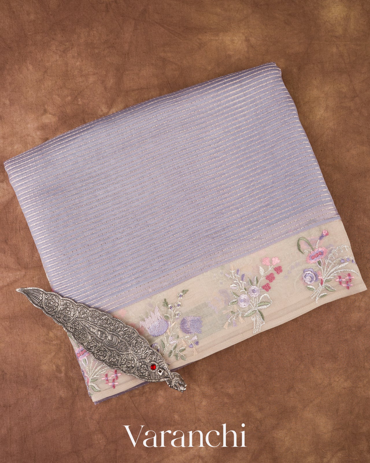 Light Lavender Striped Pure Kora Silk Saree