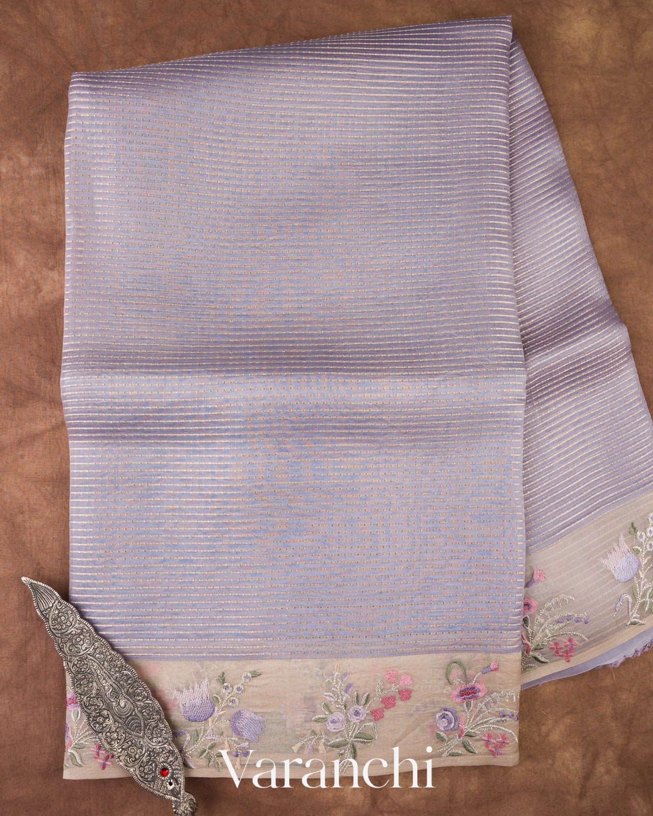 Light Lavender Striped Pure Kora Silk Saree