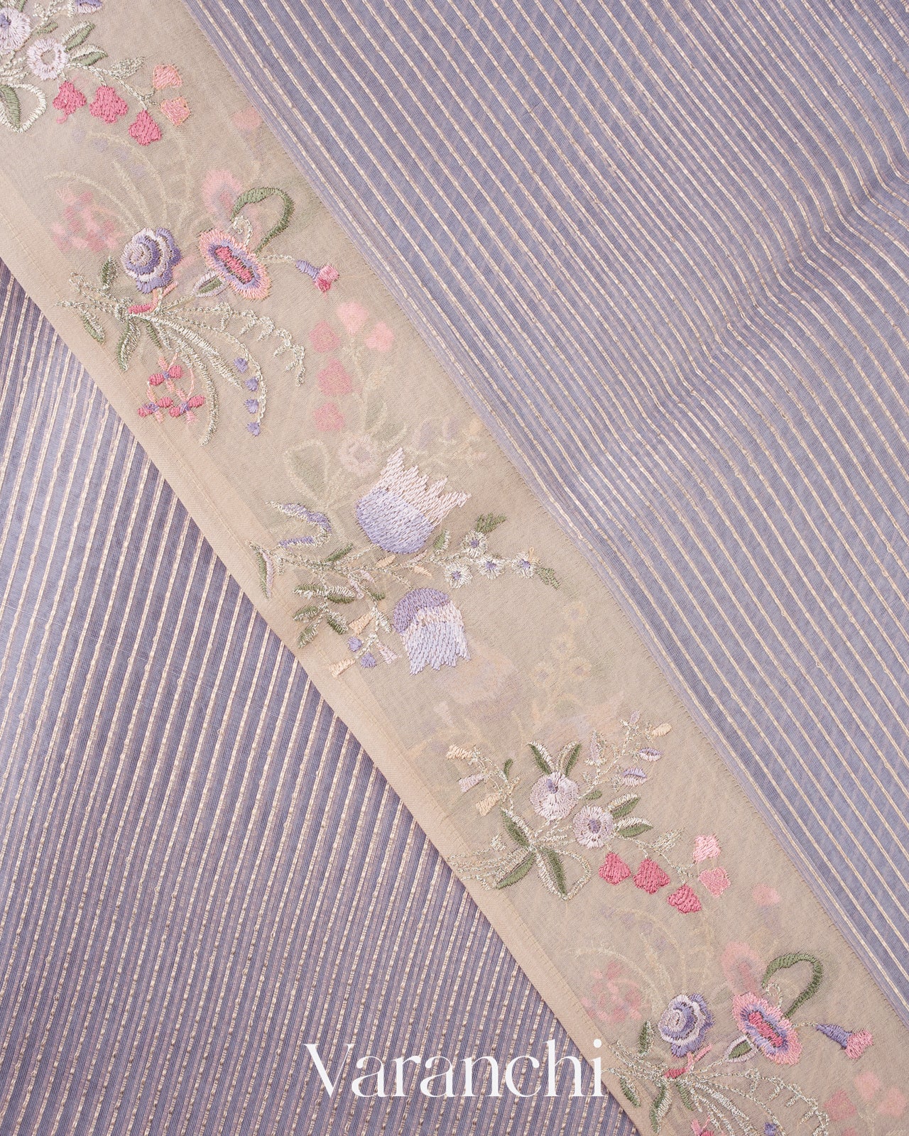 Light Lavender Striped Pure Kora Silk Saree