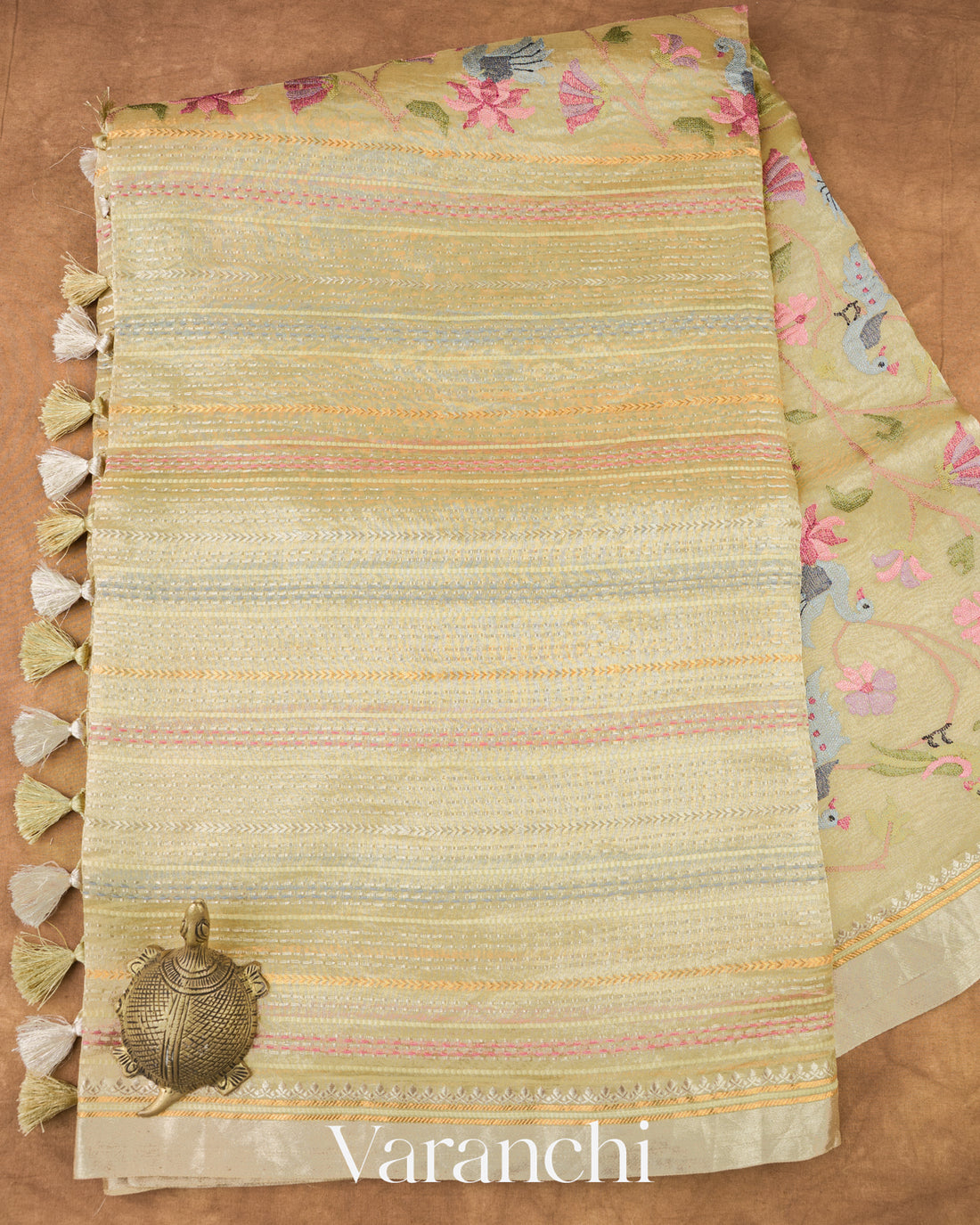 Light Mustard Paithani Embroidered Pure Tissue Kora Silk Saree