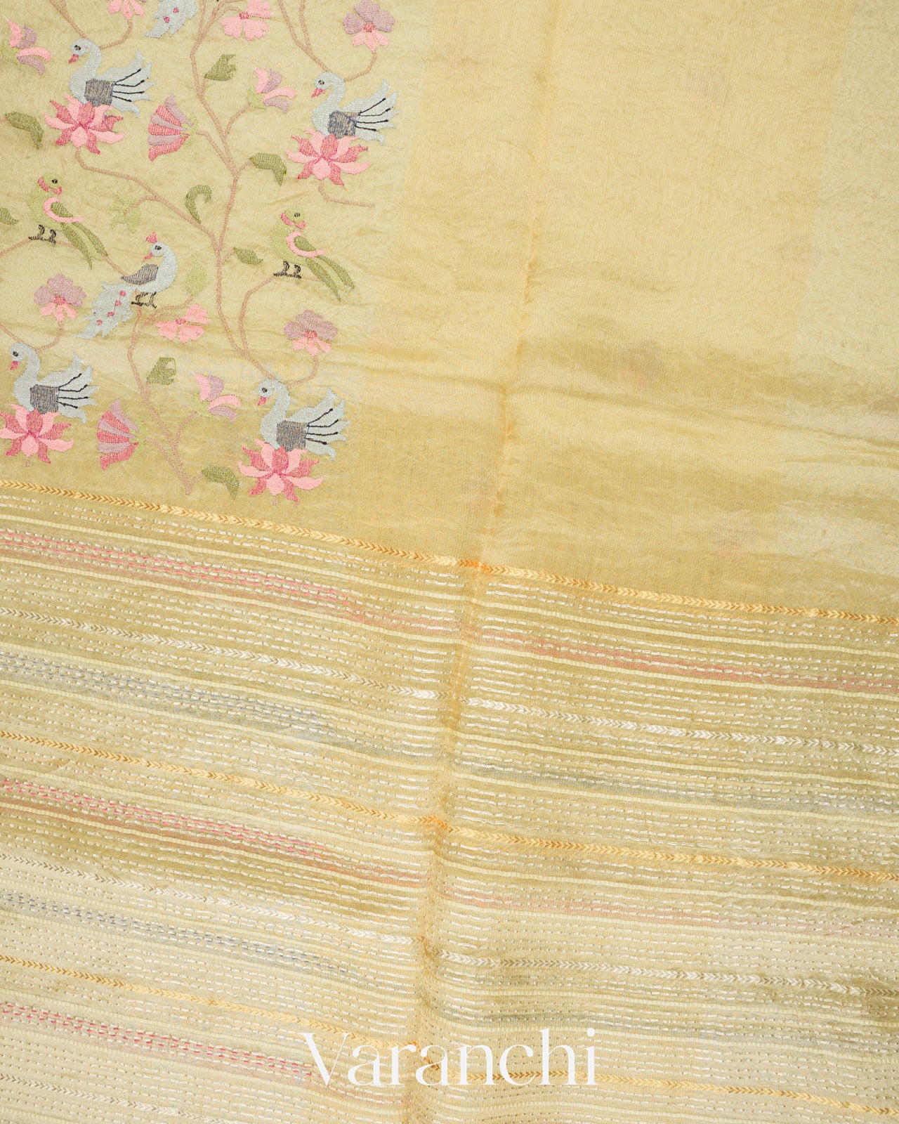 Light Mustard Paithani Embroidered Pure Tissue Kora Silk Saree