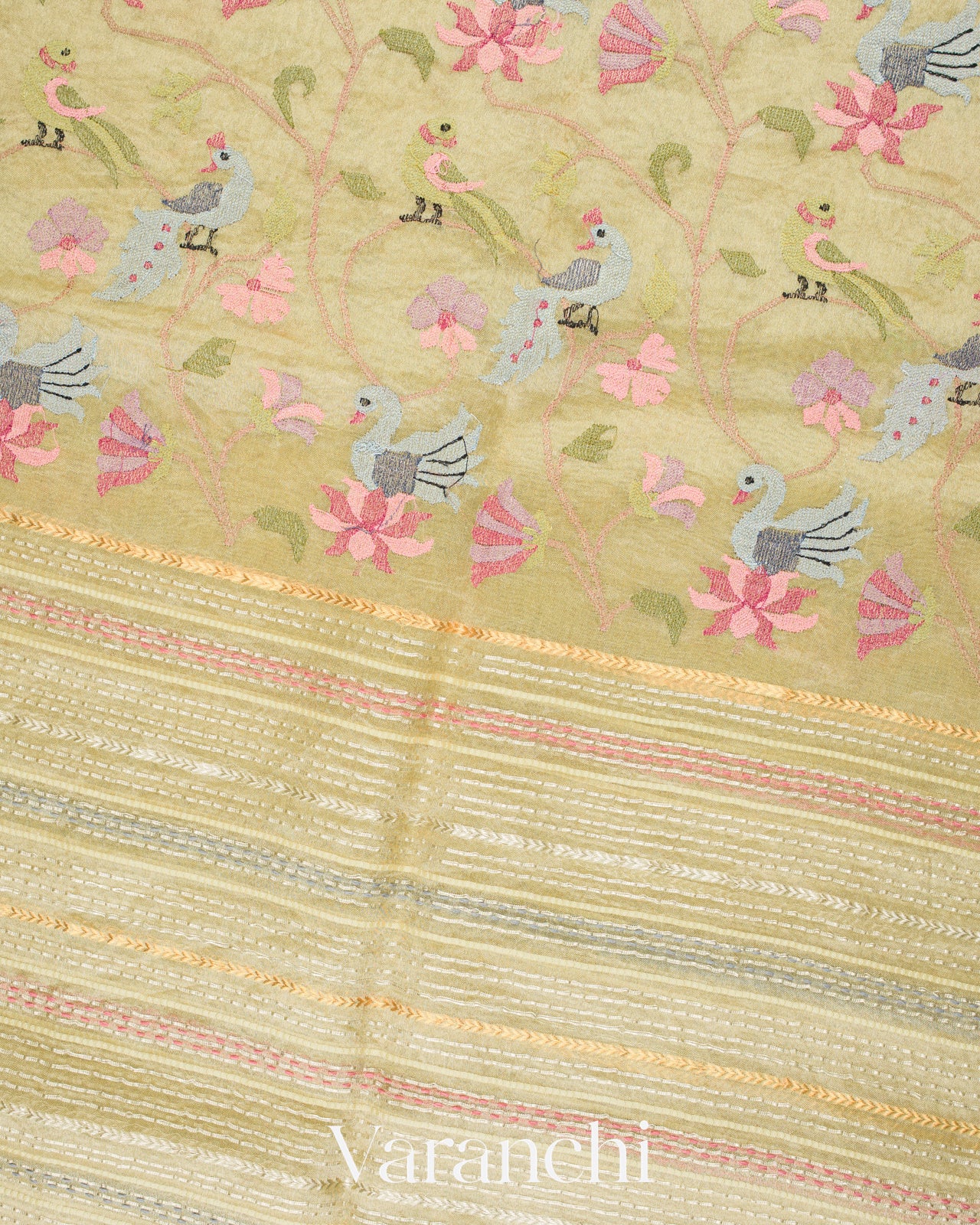 Light Mustard Paithani Embroidered Pure Tissue Kora Silk Saree