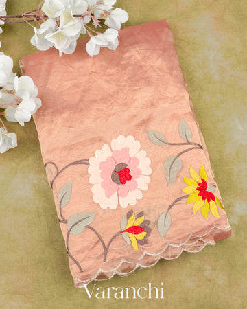 Light Peach Floral Embroidered Pure Tissue Kora Silk Saree